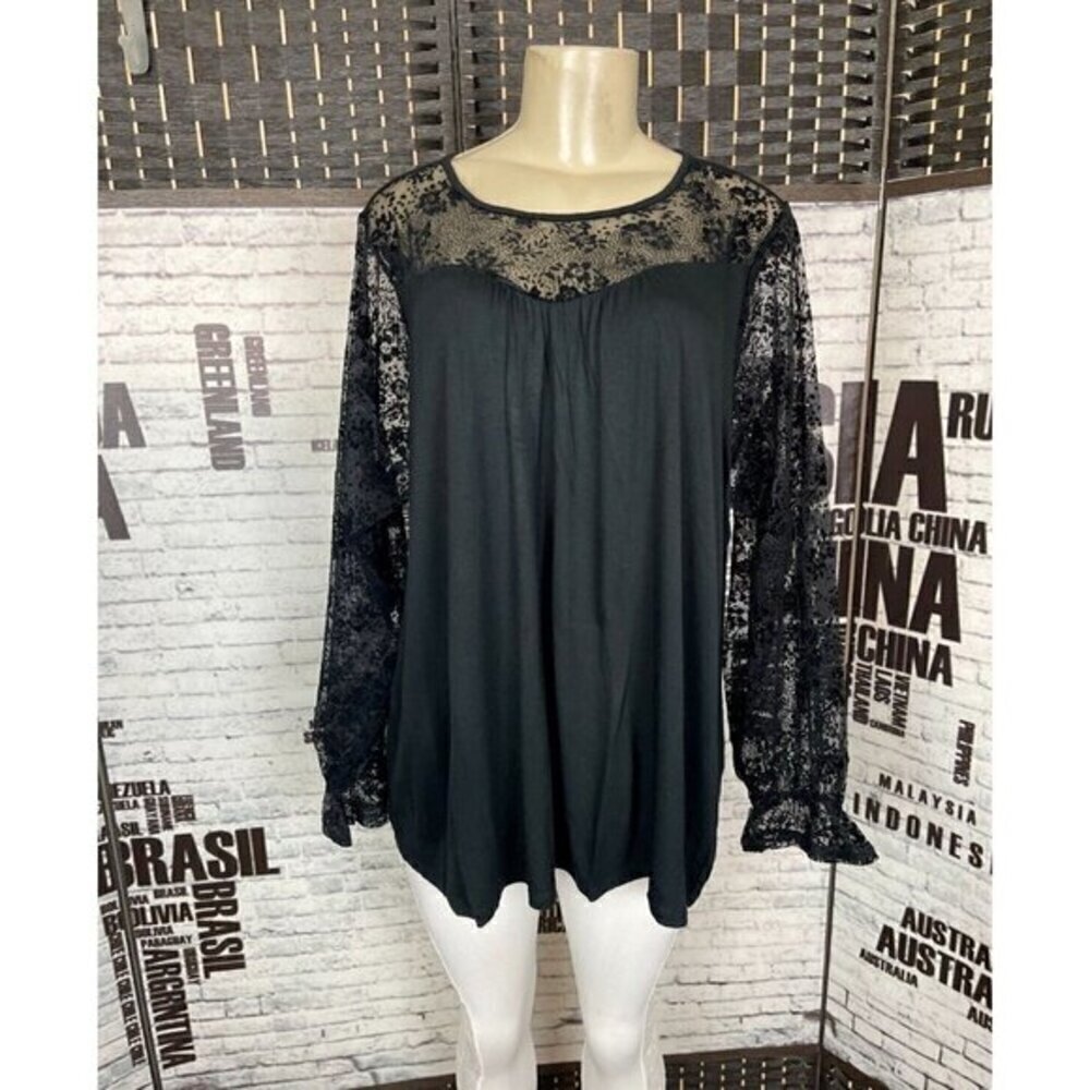 Belldini Plus 2X Black Floral Mesh Flocked Ruffle Smock Long Sleeve Blouse